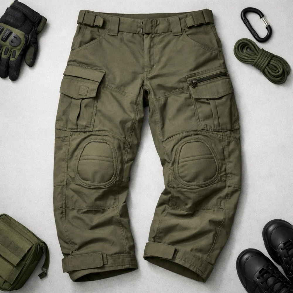Generic airsoft trousers laid out to show fit, knee area and pocket design.