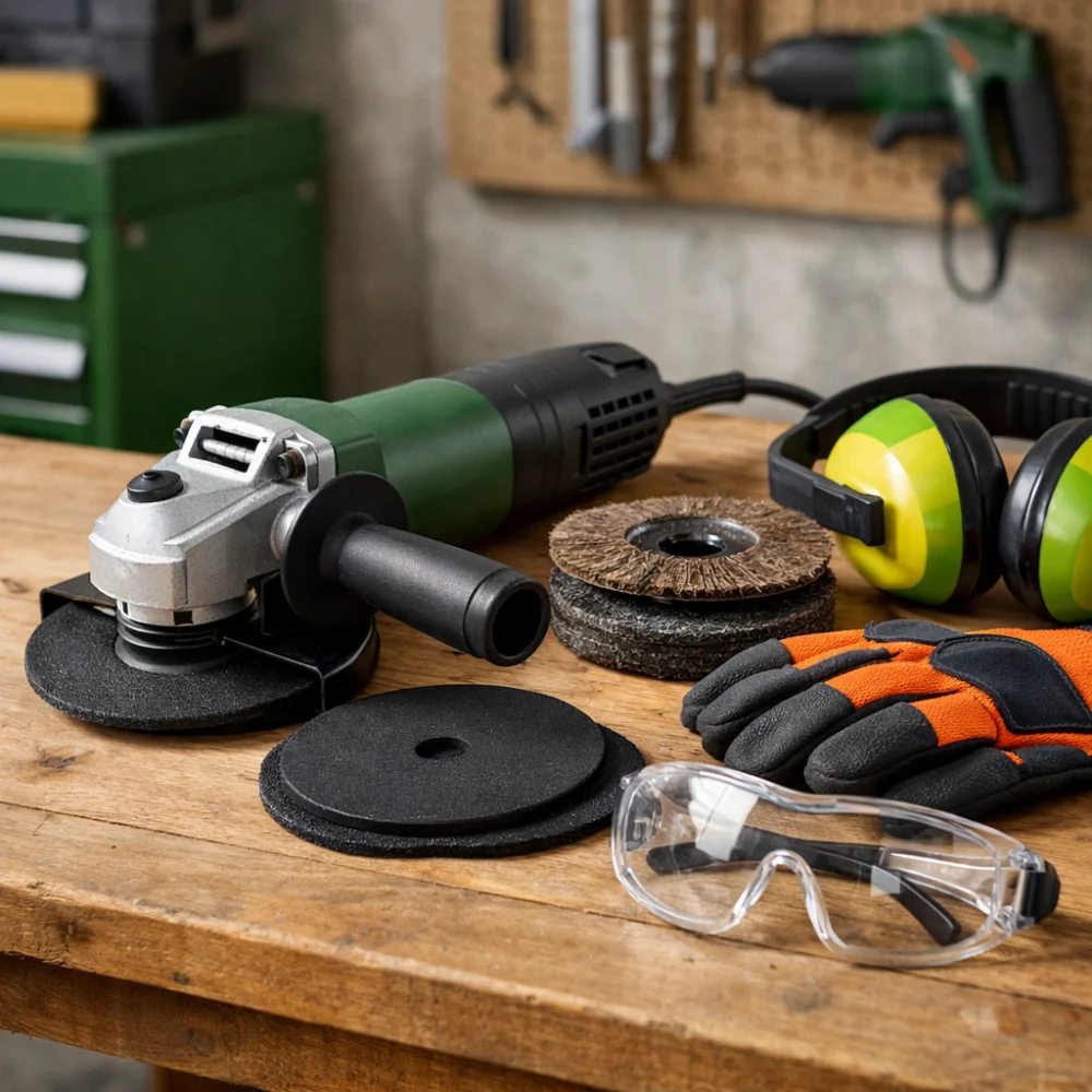 Angle grinder on a workbench with unbranded discs and DIY materials