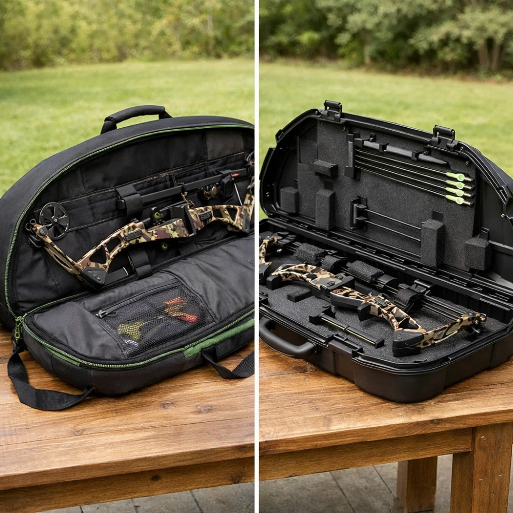 Two generic archery bow cases compared side by side, one softer and one more rigid.