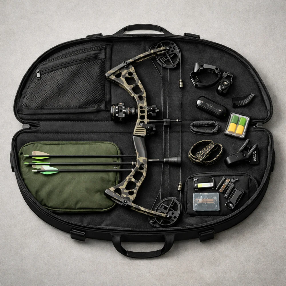An archery bow case shown with a bow and small accessories on a plain background.