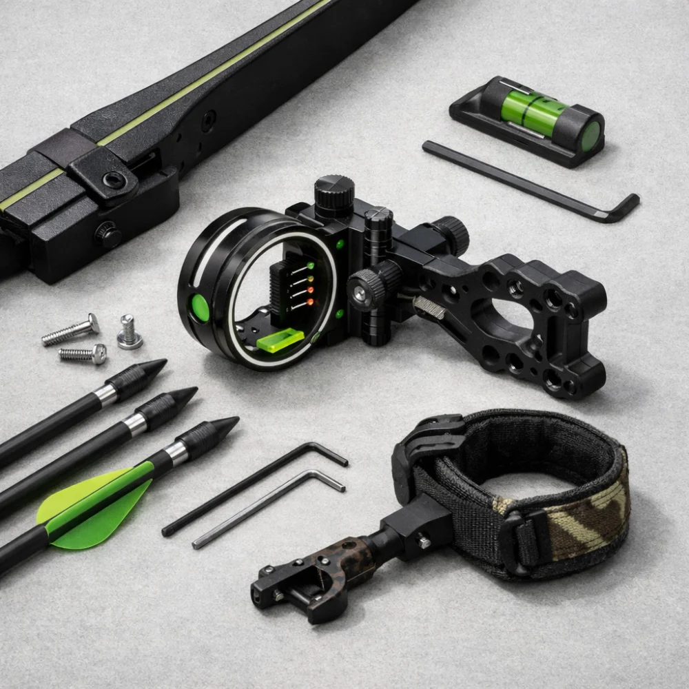 Generic archery bow sight shown with a bow section on a neutral background.