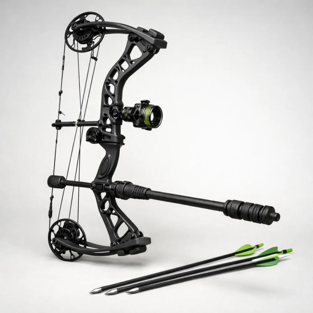 A recurve bow fitted with a stabiliser on a neutral background