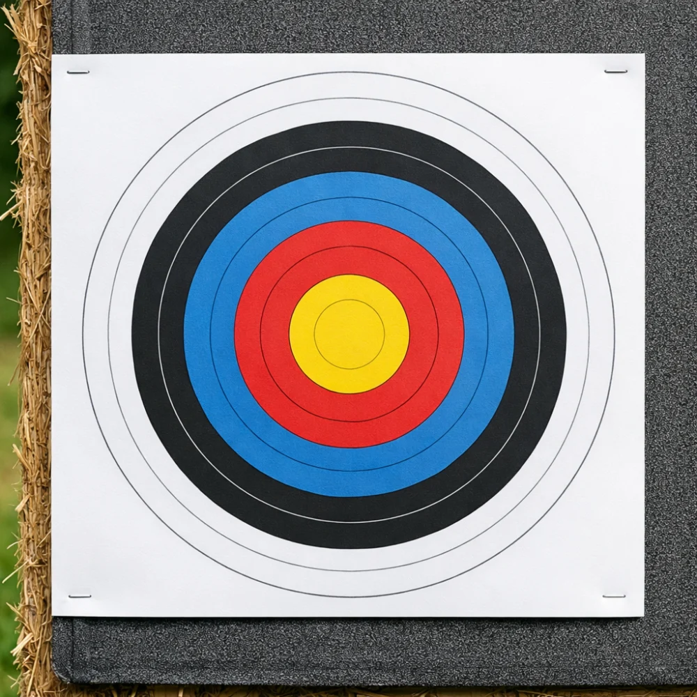 Close-up of a paper archery target face with scoring rings