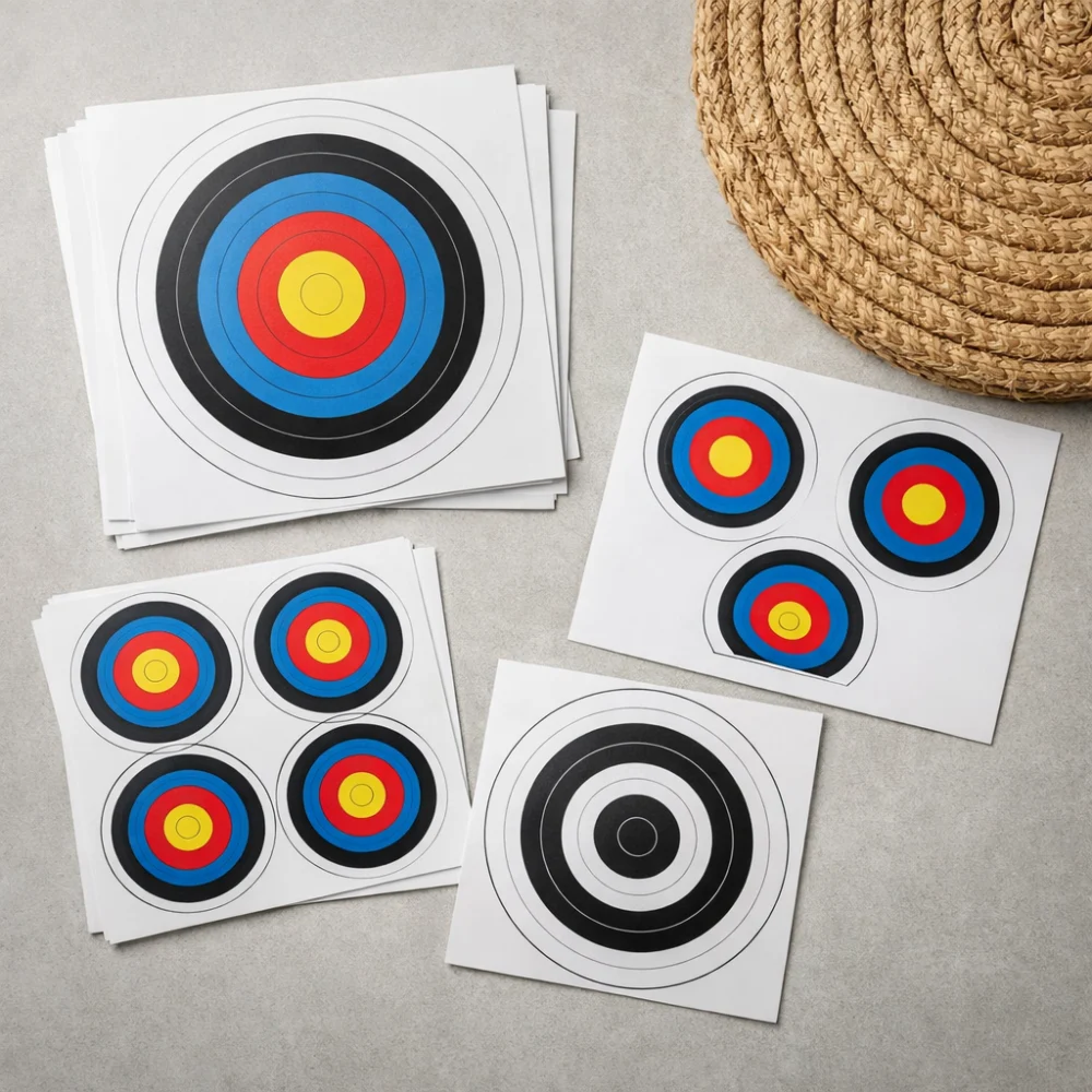 Archery paper target faces laid out with a simple backing surface