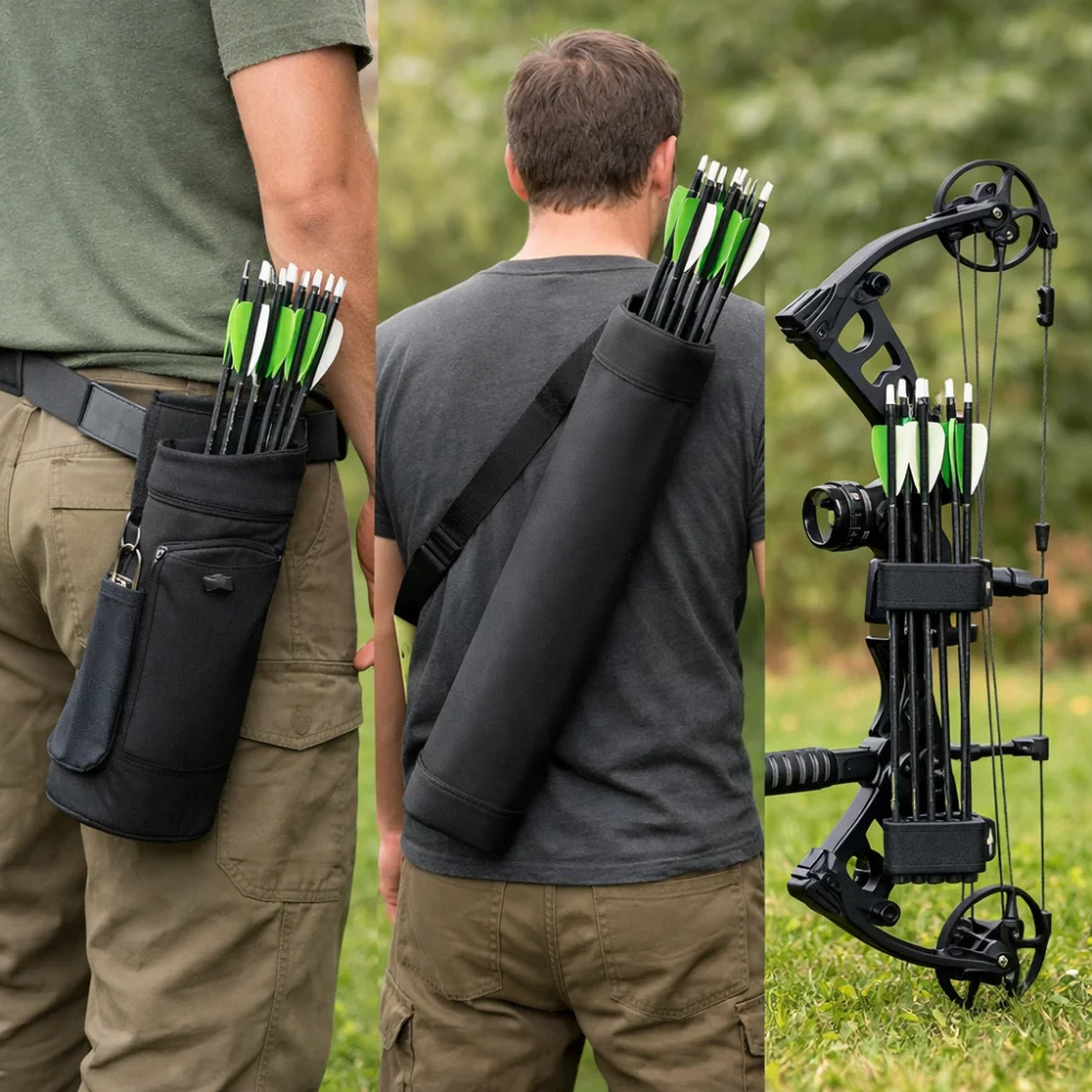 Three generic archery quiver styles shown for comparison