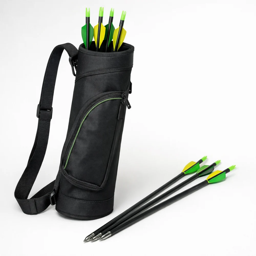 Generic archery quiver with arrows on a plain background