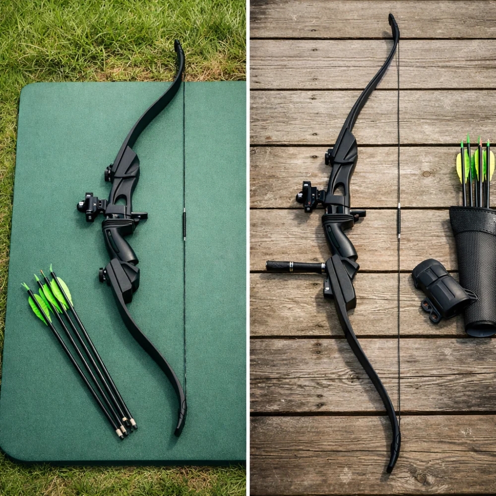 Two recurve bows of different lengths shown side by side