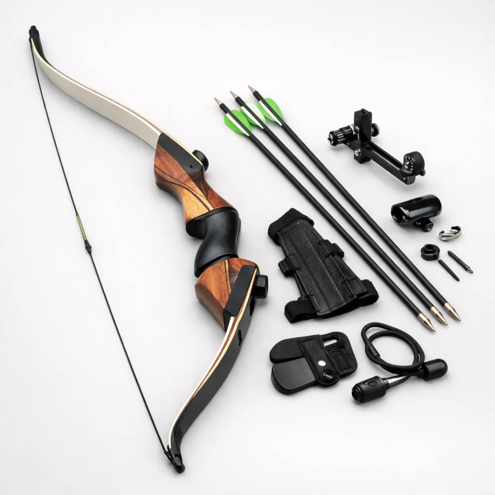 A recurve bow with simple archery accessories on a plain background