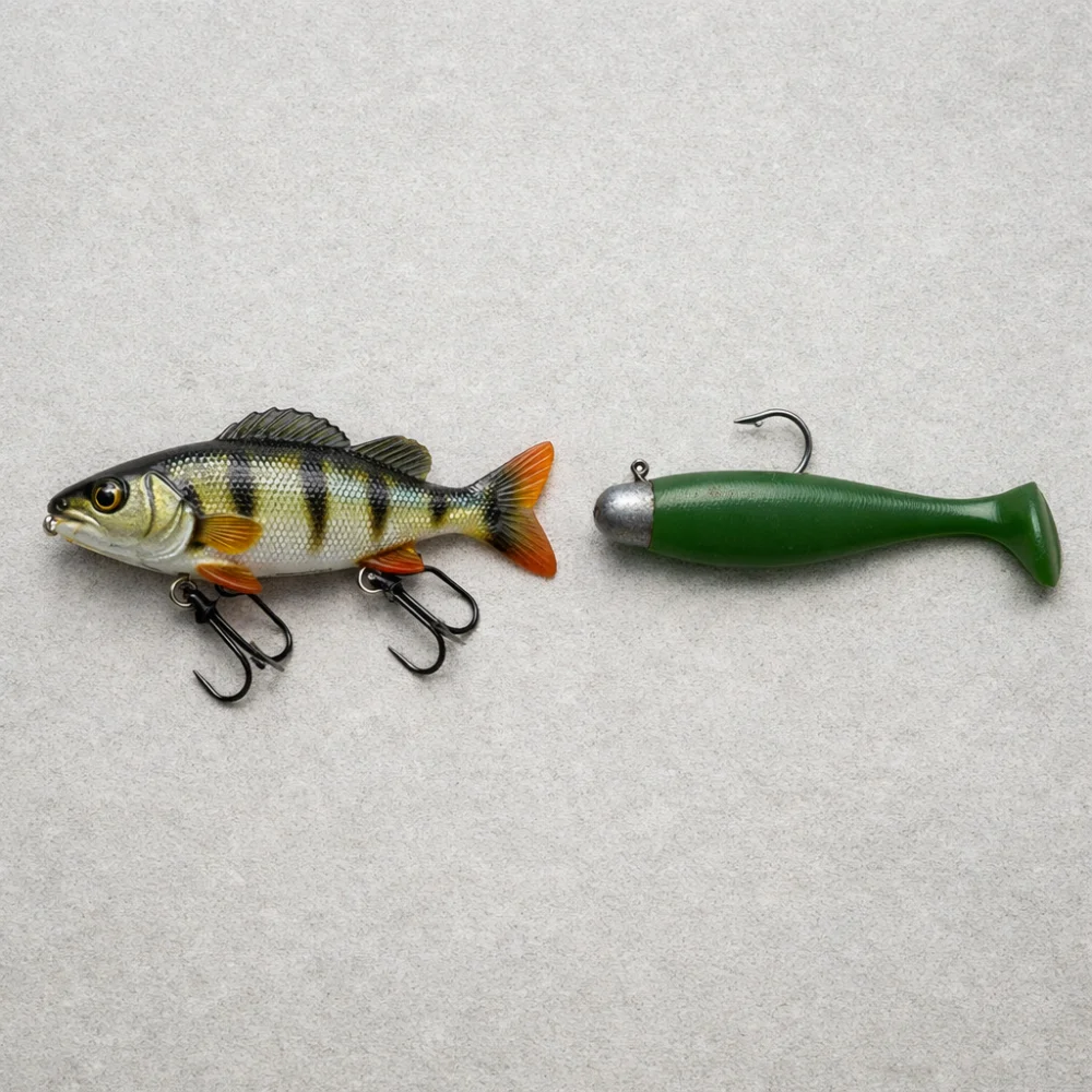 Two different styles of artificial bait shown side by side