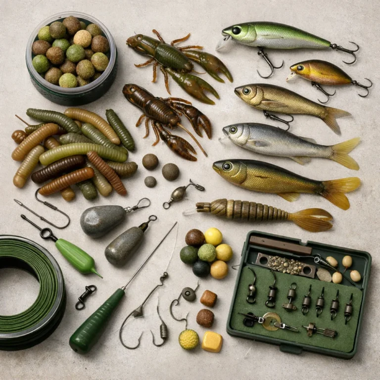 Assorted artificial fishing baits arranged on a neutral background