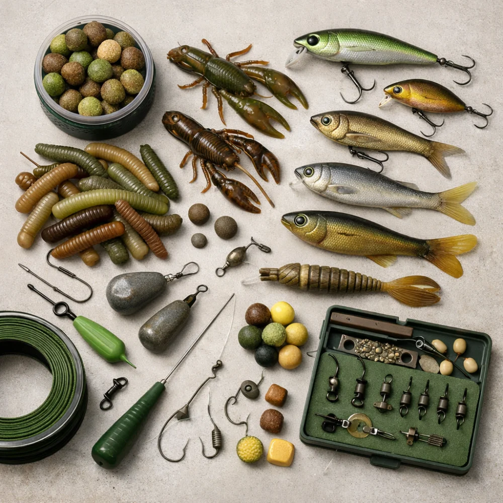 Assorted artificial fishing baits arranged on a neutral background