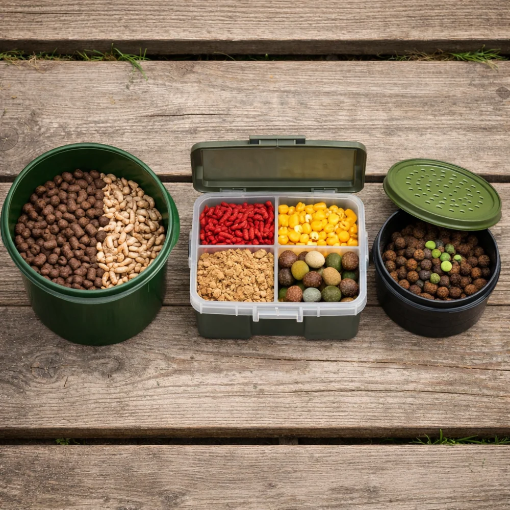 Three different bait storage container styles shown side by side.