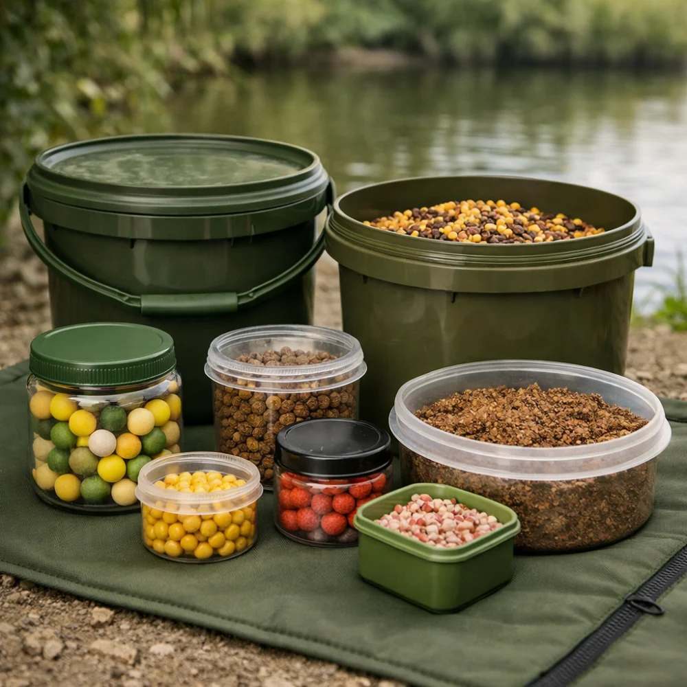 Fishing bait storage containers arranged neatly on a plain surface.