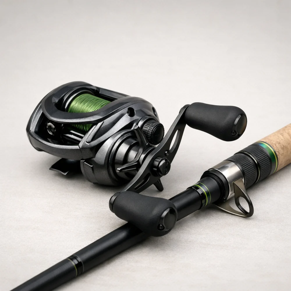 A baitcasting reel displayed beside part of a fishing rod on a neutral background.