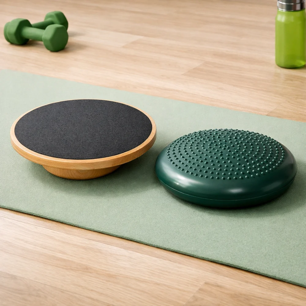 A balance board shown beside a balance disc for comparison