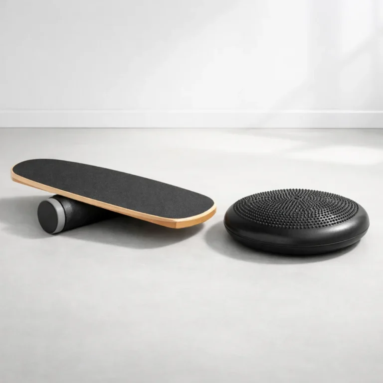 A balance board and a balance disc on a plain studio floor