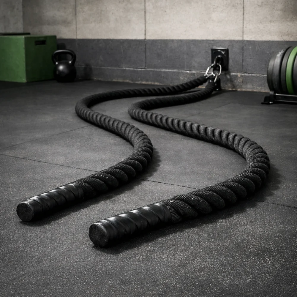 Battle rope laid out in a gym space with an anchor point
