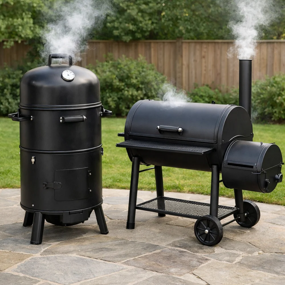 Two different styles of BBQ smoker shown for comparison