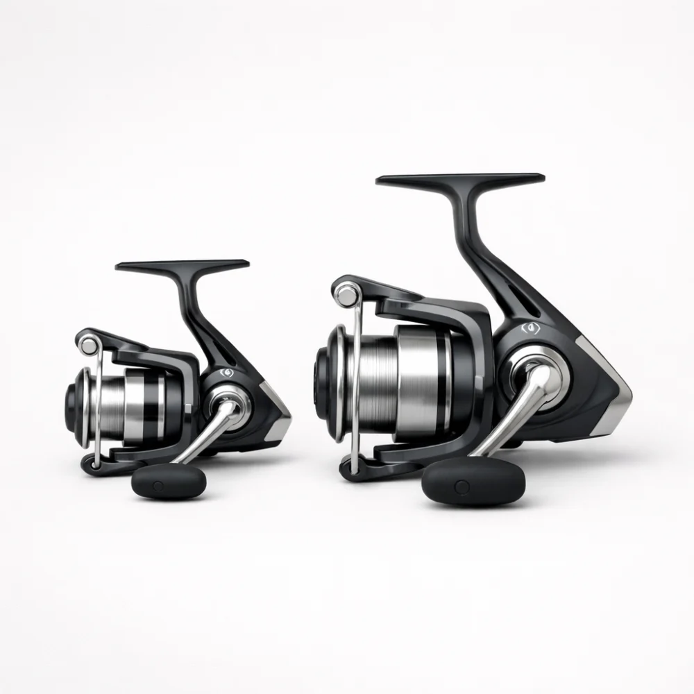Two fishing reels with different spool sizes shown side by side.
