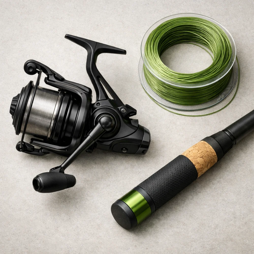A big pit fishing reel with fishing line and rod setup on a neutral background.
