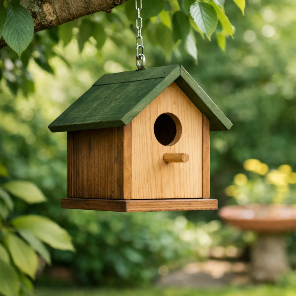 A simple bird house displayed outdoors in a garden setting