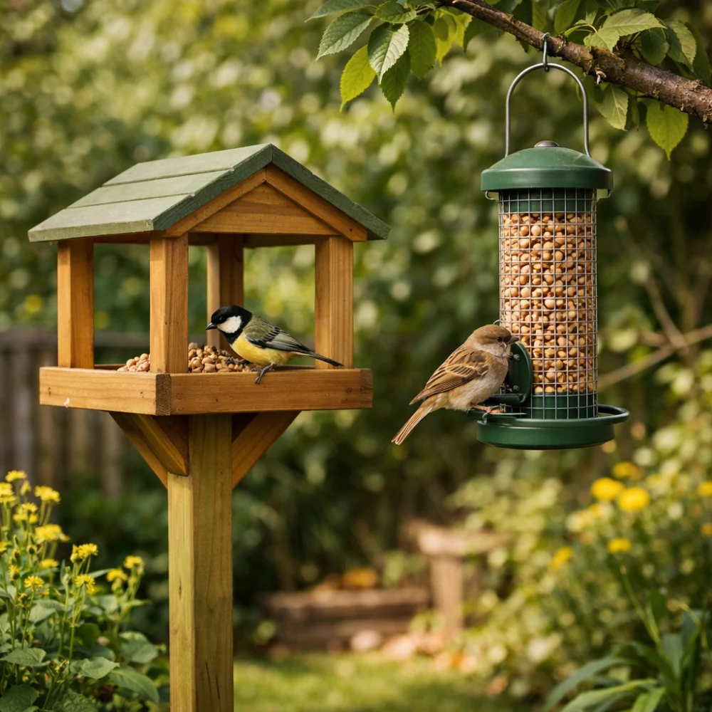 A bird table and hanging feeder in a garden setting