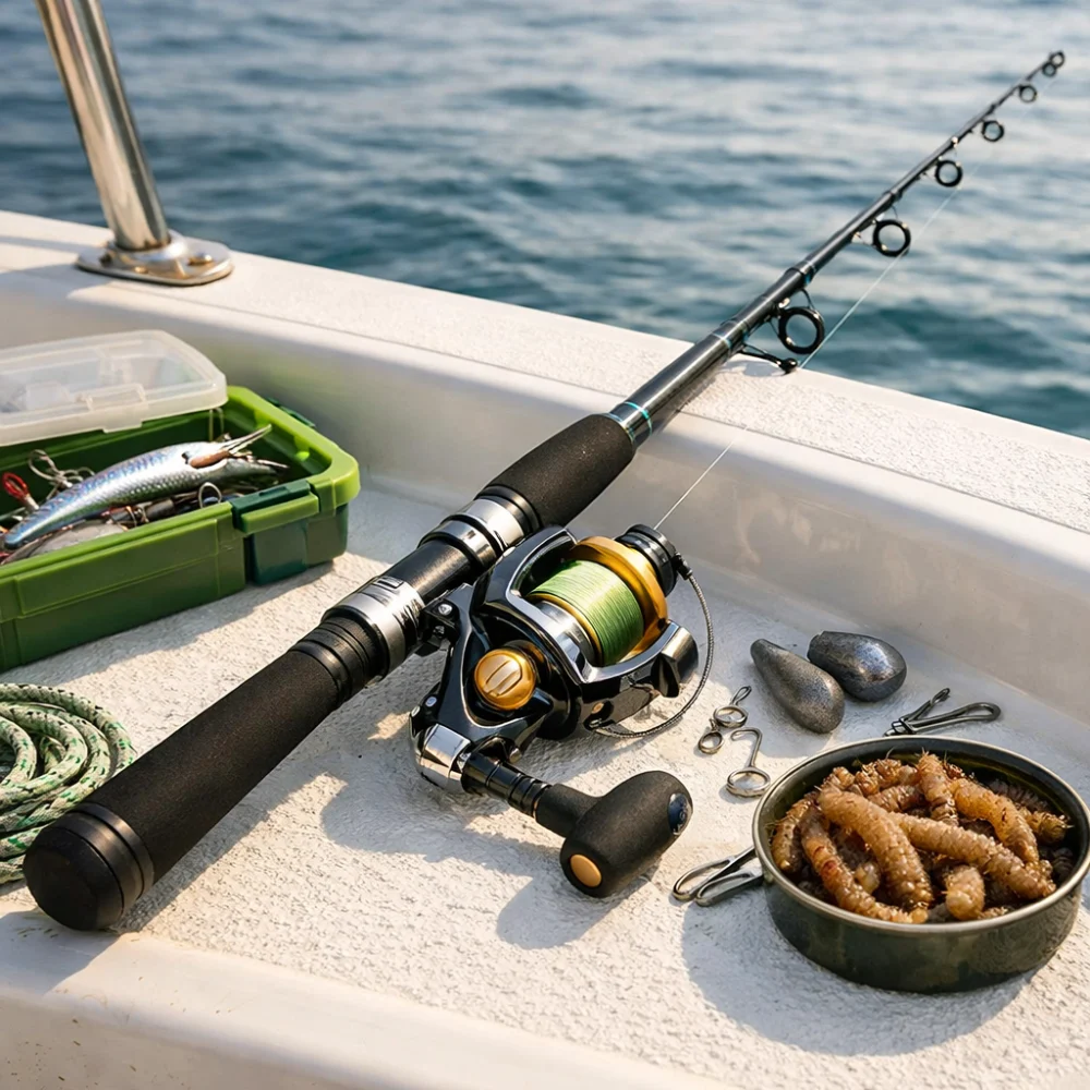 Boat fishing rod and simple sea-fishing gear on a boat deck