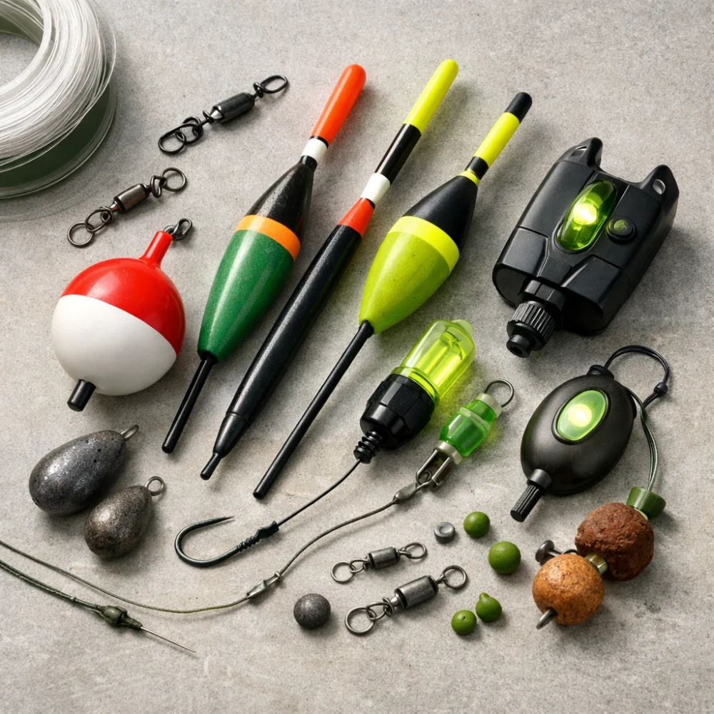 Assorted fishing bobbers and indicators arranged on a plain surface
