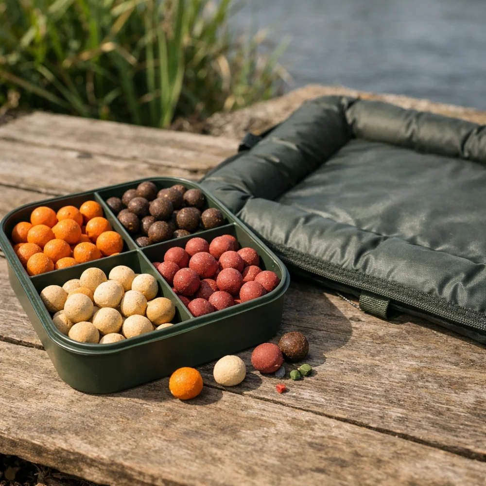 Assorted boilies in a simple bait tray beside a fishing mat