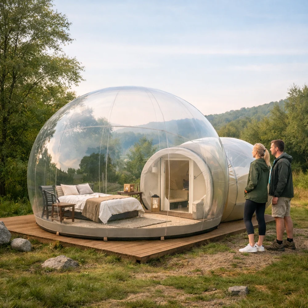 Editorial-style image of a bubble tent in an outdoor setting