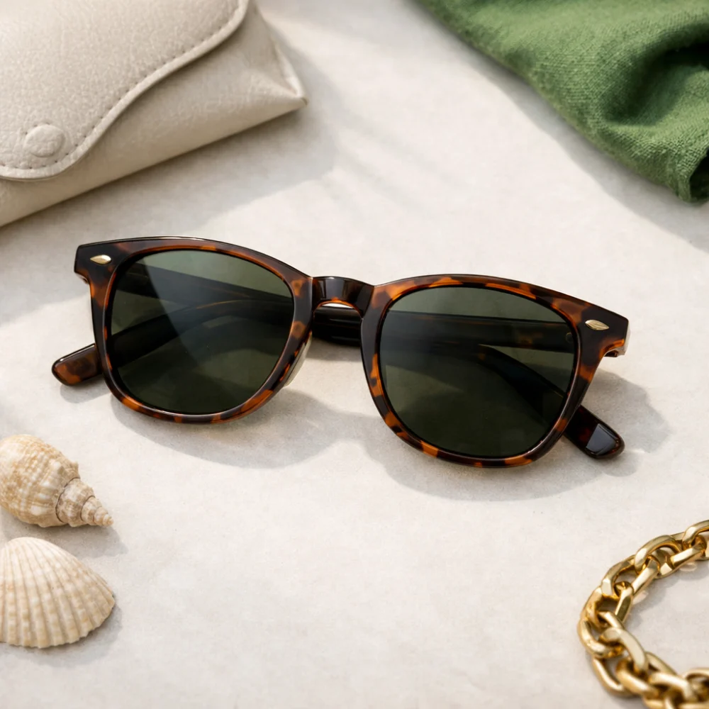A pair of sunglasses arranged on a clean neutral surface