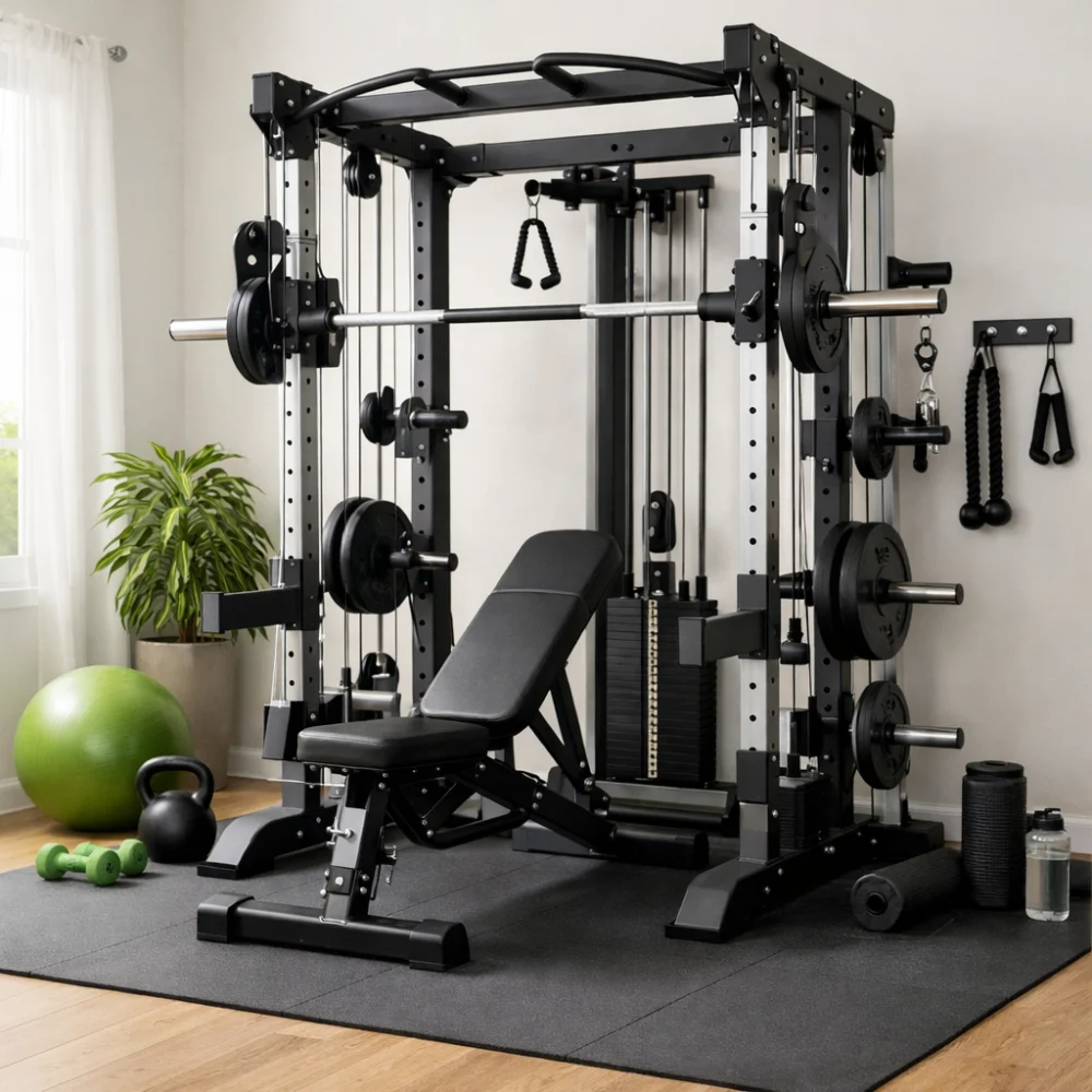 A combined cable and Smith machine in a home gym room