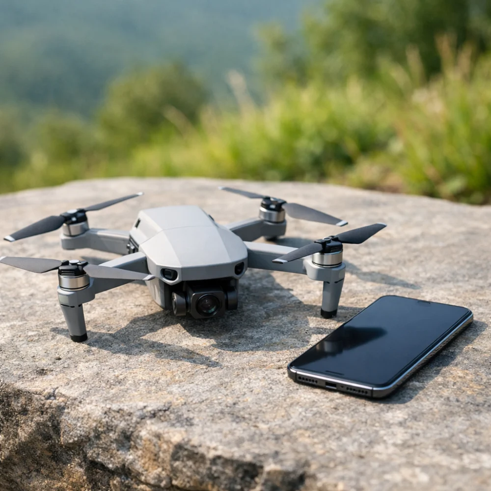 A generic camera drone with a smartphone beside it on an outdoor surface