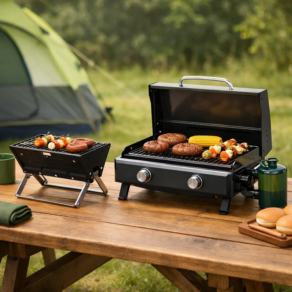 Two different camping BBQ styles compared side by side, one compact and one larger tabletop model.