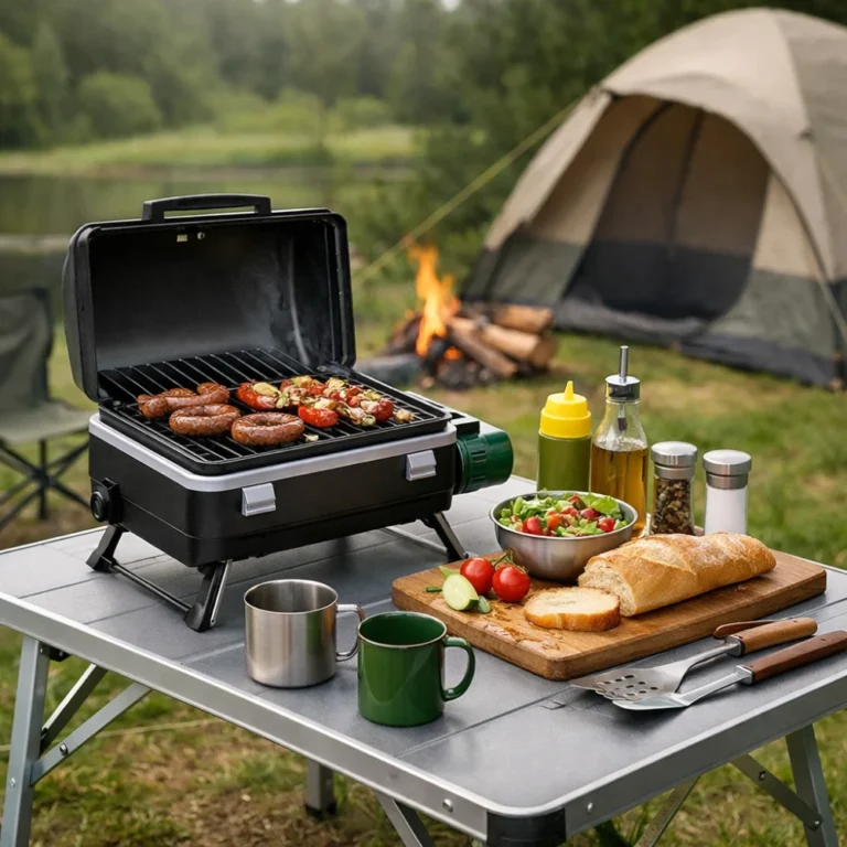 A compact camping BBQ set up on a folding table in an outdoor campsite scene.
