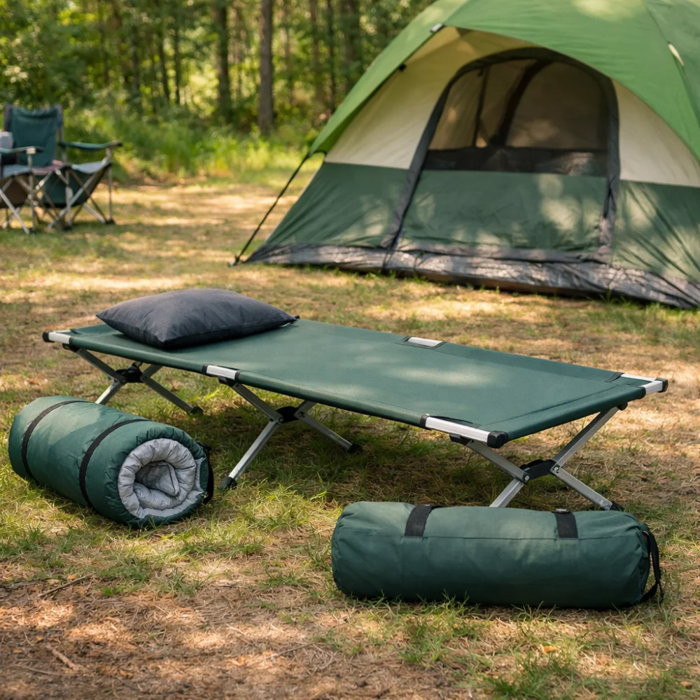 A folding camping bed set up in a simple campsite scene with a sleeping bag and carry bag nearby.