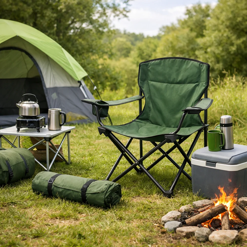 A folding camping chair set up outdoors beside simple camping gear.