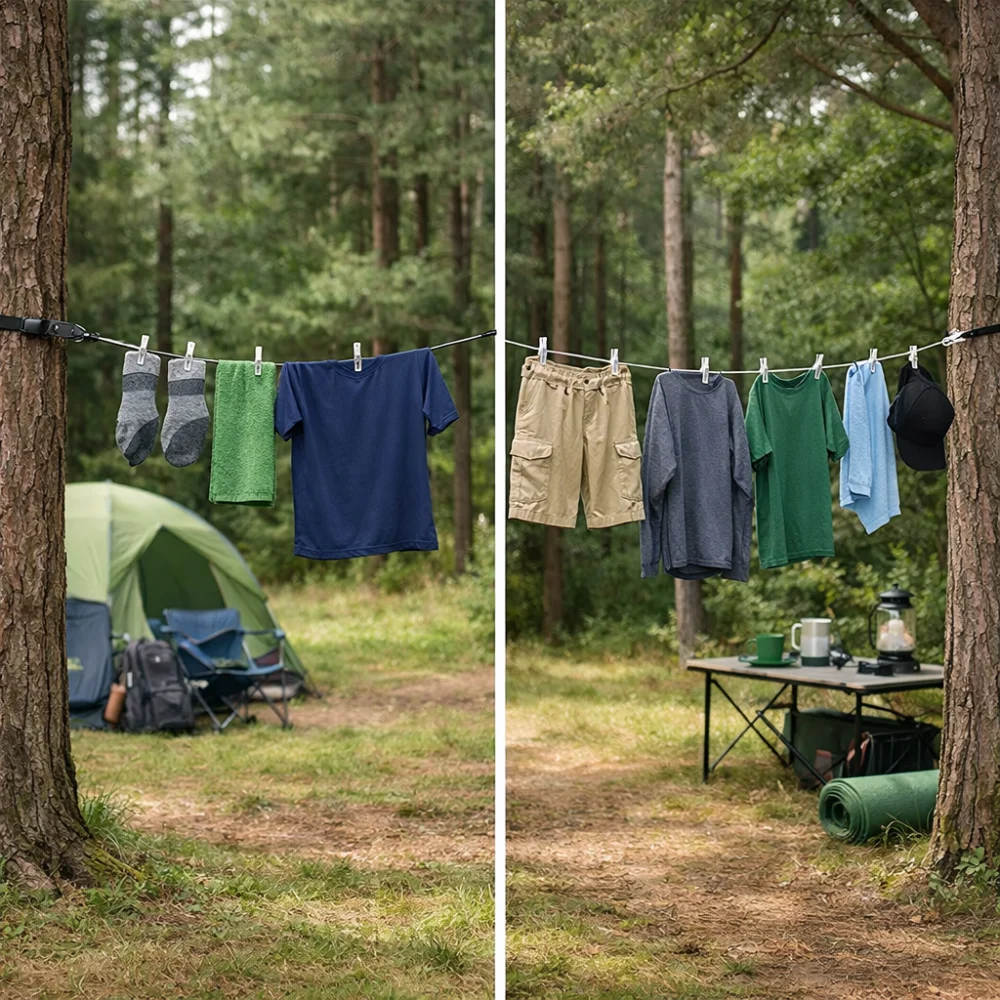 Two camping clothes line styles compared side by side