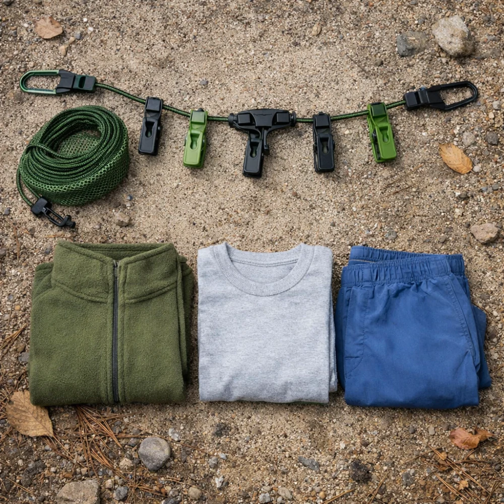 Camping clothes line with clips and folded laundry on a neutral camping surface