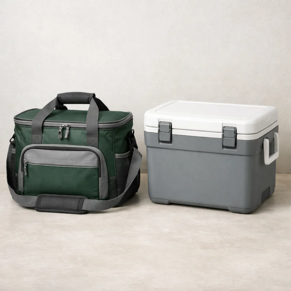 A soft cooler bag beside a rigid cool box to compare the two styles.