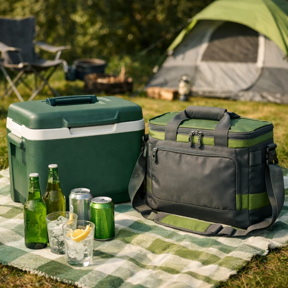 A rigid cool box and soft cooler bag set up for camping beside chilled drinks.