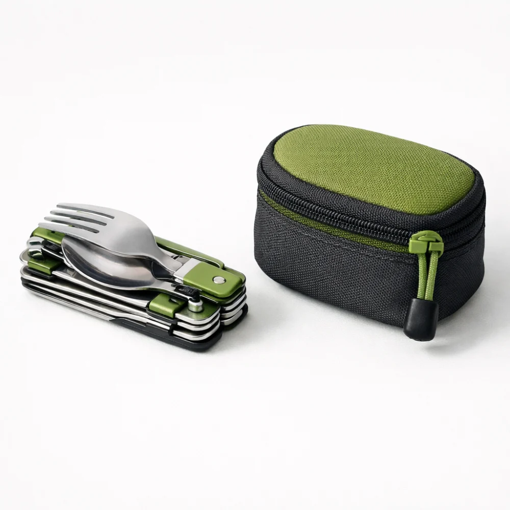 Compact camping cutlery set with storage pouch