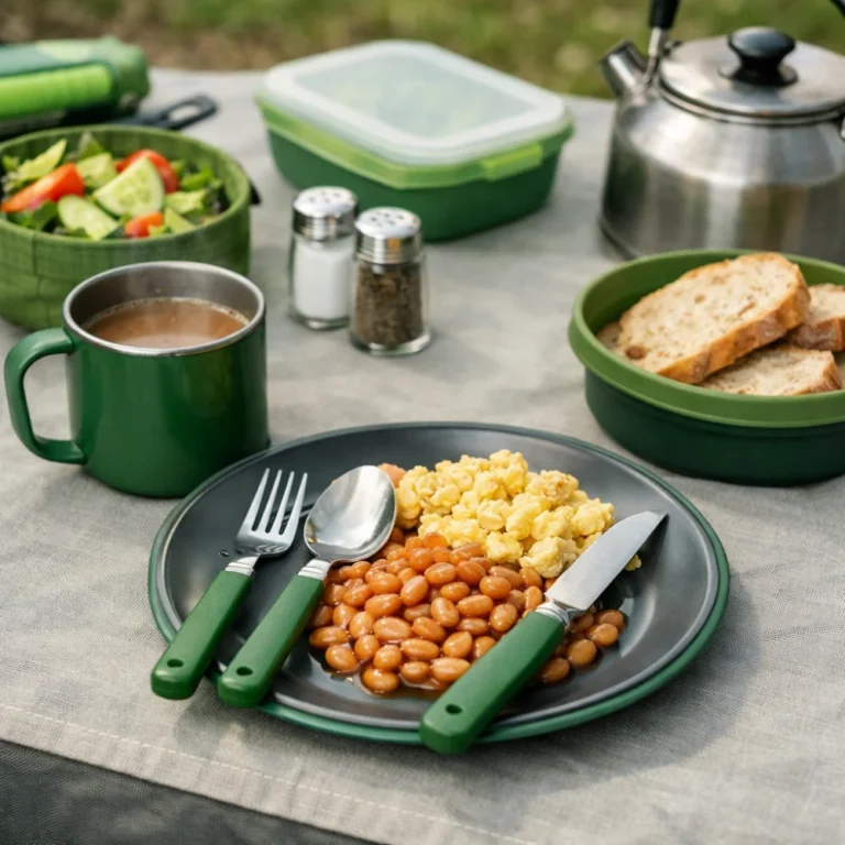 Camping cutlery and tableware arranged for an outdoor meal setup