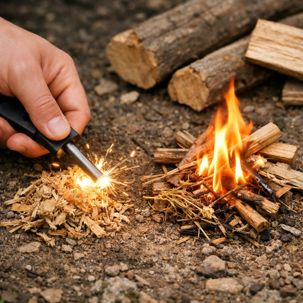 A fire steel and tinder prepared for ignition