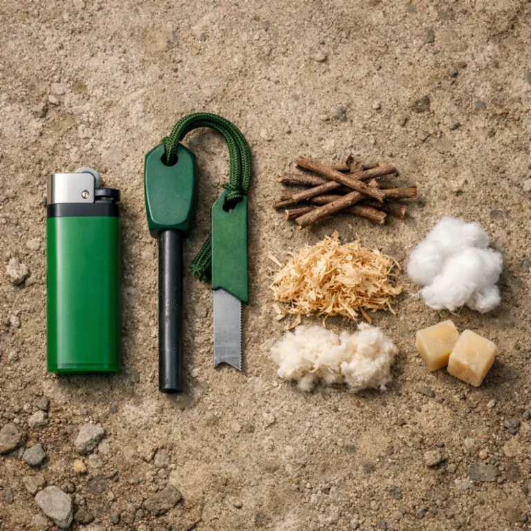 Camping fire-starting essentials laid out for comparison