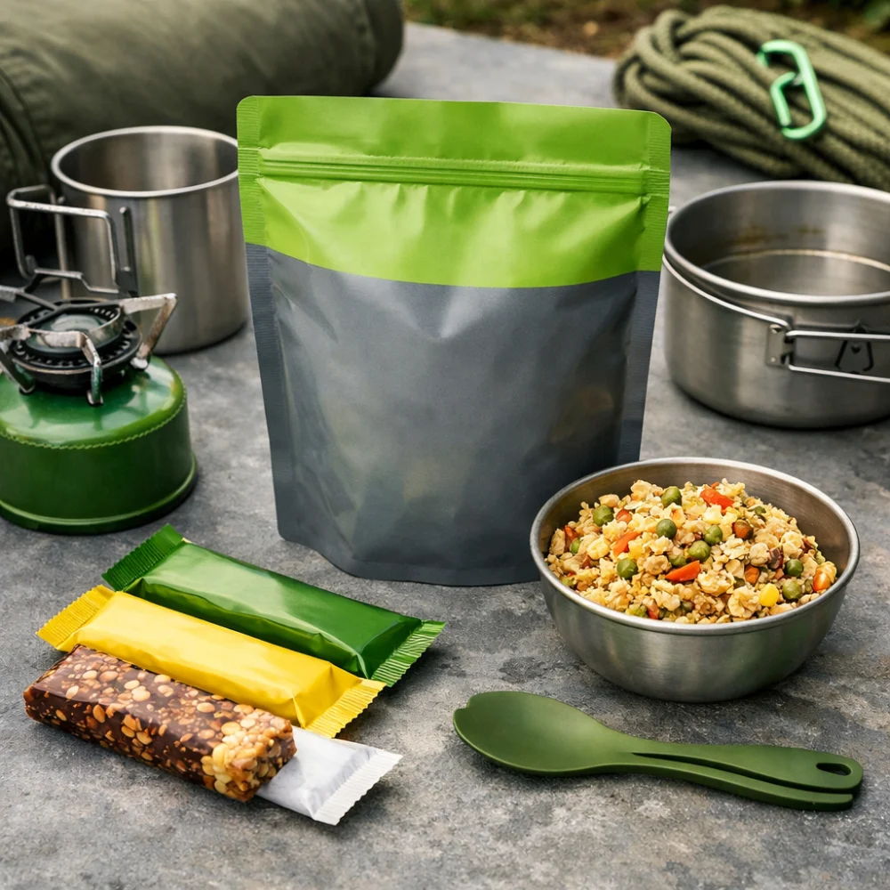 Generic camping food items arranged with simple camping kit