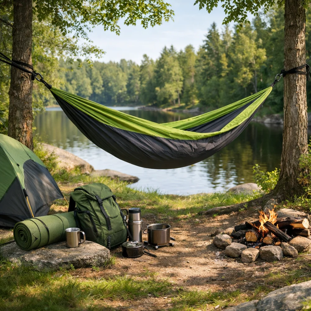 Camping hammock hung between two trees at a campsite