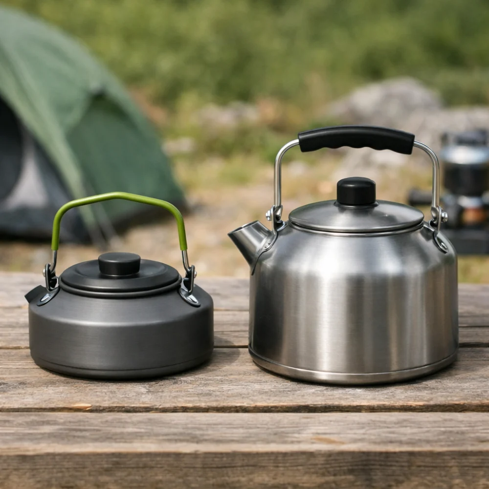 Two different camping kettle styles shown side by side for comparison.