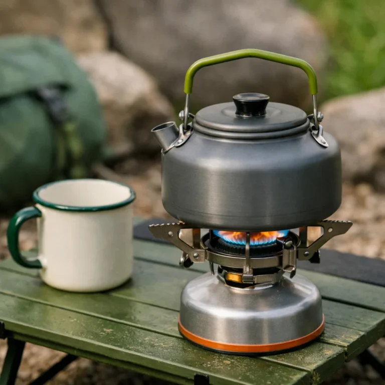 A camping kettle beside a mug and small outdoor stove in a simple campsite cooking scene.