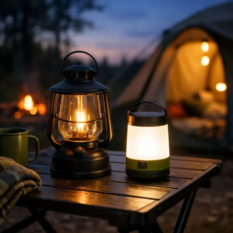 Camping lantern and light beside a tent at dusk